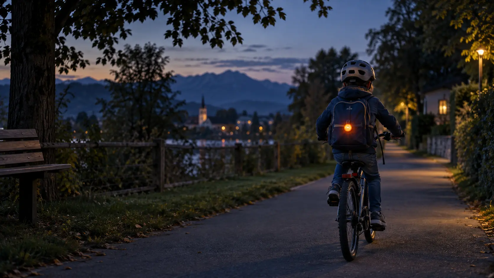 Ein Kind fährt bei Dämmerung mit einem leuchtenden Sicherheitslicht am Rucksack Fahrrad.